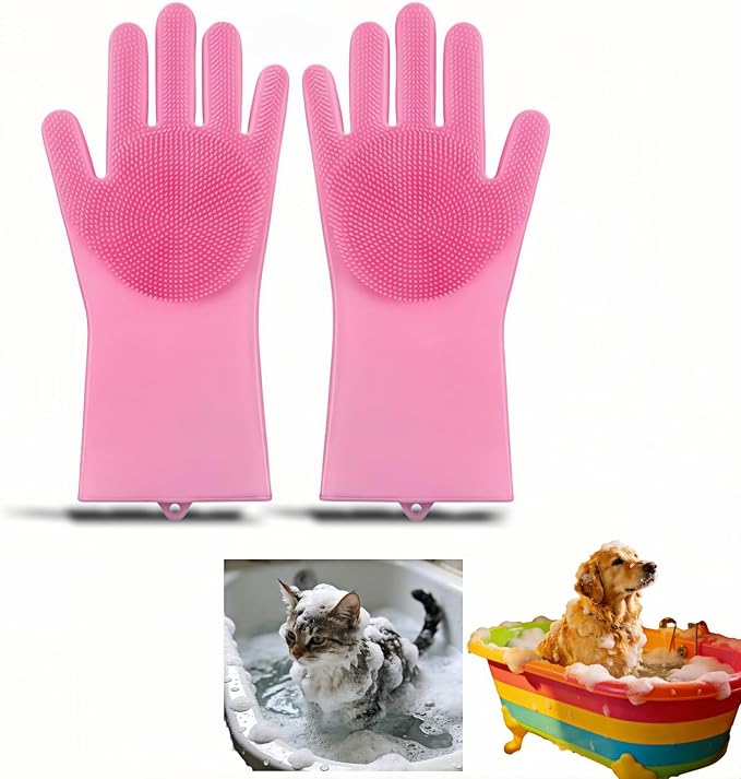 Silicone Dog Grooming Glove for Dogs and Cats, Enhanced Five-Finger Fit, Non-Slip & Extended Cuff, Dual-Sided Pet Bath Brush for Washing, Massage & Deep Cleaning 1 Pair (Pink)