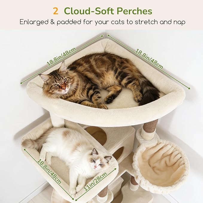 Globlazer 80in Tall Extra Large Heavy Duty Corner Cat Tree Tower, S80C | Sturdy Big Cat Tower for Indoor Cats Large Adult with Scratching Post, 2 Spacious Condos with Padding, 2 Perches, Beige
