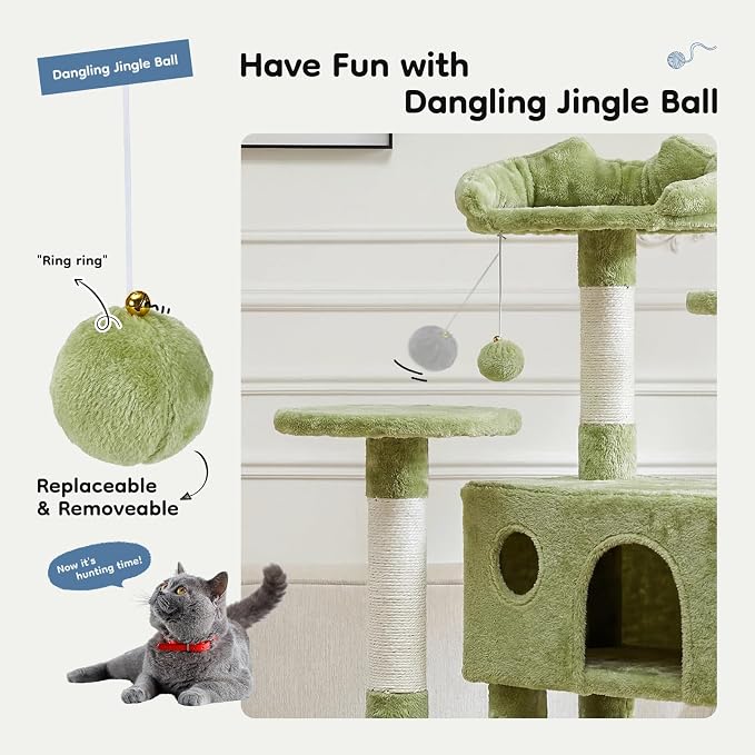 DUMOS 54-inch Cat Tree Tower with Scratching Posts, Indoor Use | Multi-Level Pet House for Large Cats with 2 Condos, Round Platform, Small Ladder and Toys, Green