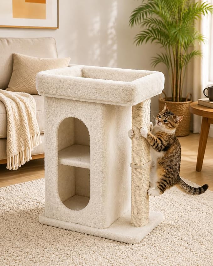 Cat Tree for Large Cat, Small Cat Tower with Large Perch Bed, Scratching Posts, Dual Condos for Indoor Cats Kittens, Beige