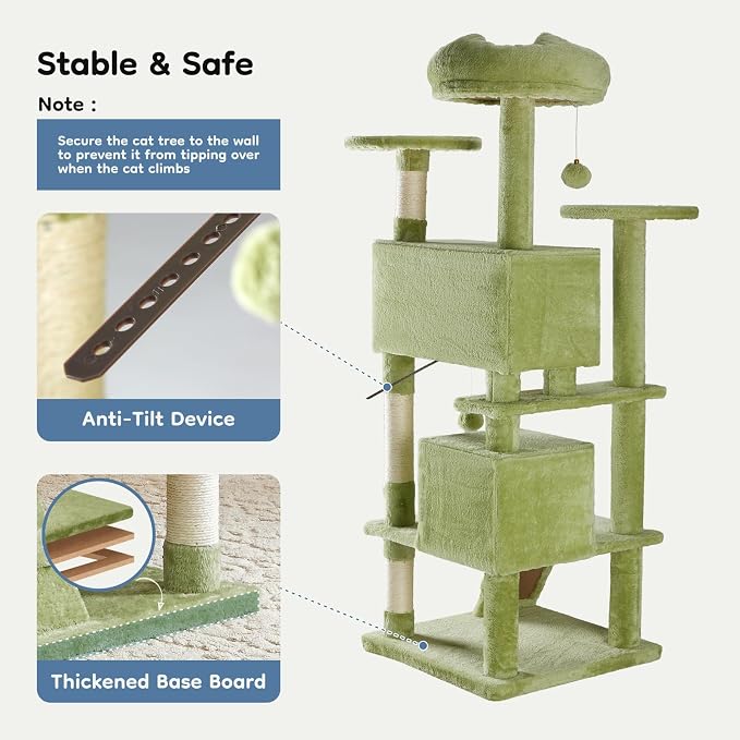 DUMOS 54-inch Cat Tree Tower with Scratching Posts, Indoor Use | Multi-Level Pet House for Large Cats with 2 Condos, Round Platform, Small Ladder and Toys, Green