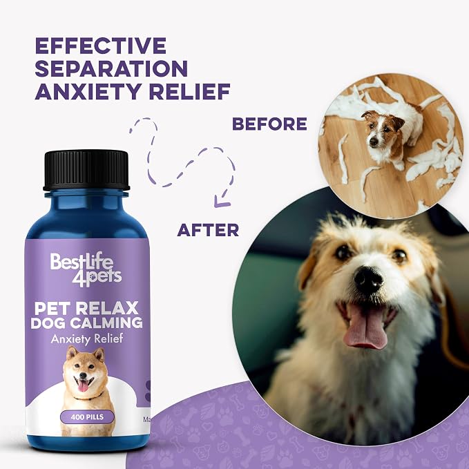 BestLife4Pets Pet Relax Dog Calming Anxiety Relief - 400 Pills | Long-Lasting Dog Relaxants for Stress Relief, Natural Solution for Separation Anxiety, Travel, Thunderstorms, and Fireworks