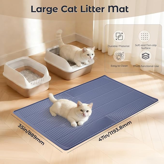 47" x 35" Extra Large Cat Litter Mat, Heavy Duty Waterproof Litter Box Floor Mat for Multiple Cats, Jumbo Silicone Pad Traps Litter & Liquid, Machine Washable for Easy Cleaning, Grey