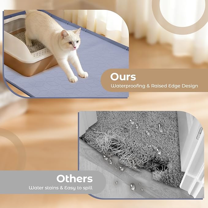 31" x 22" Cat Litter Mat, Waterproof & Anti-Skid Litter Box Mat for Scatter Control, Silicone Litter Pads Trapping Mess Around Litter Box with Raised Edges, Easy Clean Pad