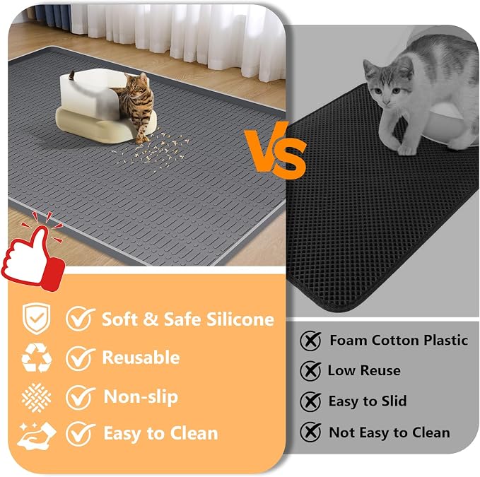 Silicone Cat Litter Mat 47" x 35" Cat Mat for Litter Box, Dark Grey | Extra Large Cat Litter Trapping Mat for Floor, Waterproof, Non-Slip Kitty Litter Box Mat with Raised Edge, Easy to Clean