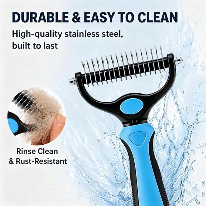 Dematting Comb for Dogs and Cats, Undercoat Pet Brush for Long Hair, Deshedding Brush for Dog Removes Tangles Knots and Loose Fur, 2-In-1 Double Tooth Comb Undercoat Rake Dog Brush