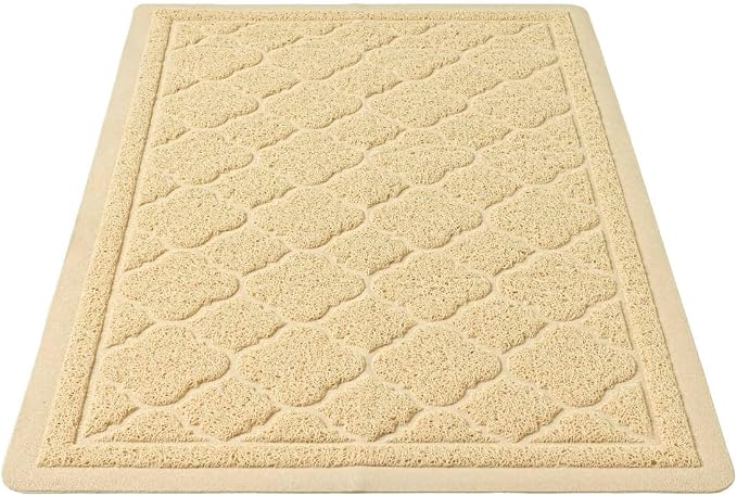Cat Litter Box Mat, Kitty Premium PVC Pad, Durable Trapping Rug, Phthalate Free, Urine-Resistant, Scatter Control, L 35 x 23 Inch, Beige