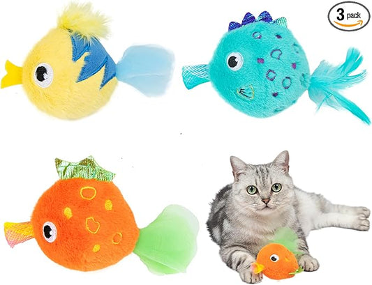 Catify by Best Pet Supplies Interactive Fluffy Fish Set Catnip Cat Toy for Indoor Cats & Kittens, Plush Crinkle Tail, Feather Chew Toys, Durable, Soft, Enrichment Play