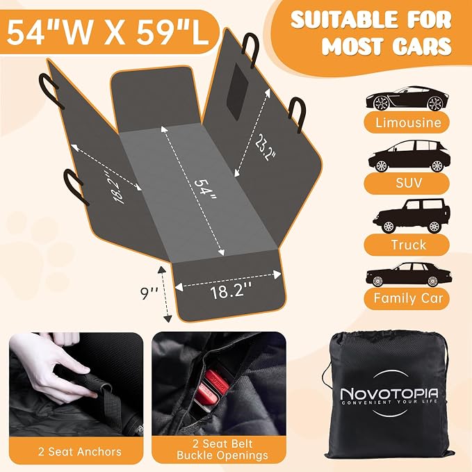 Dog Car Seat Cover for Back Seat 100% Waterproof, Long-Lasting and Soft Nonslip Backseat Dog Cover for Cars, SUVs and Trucks, 600D Oxford Fabric, Black, Standard (54" W x 59" L)