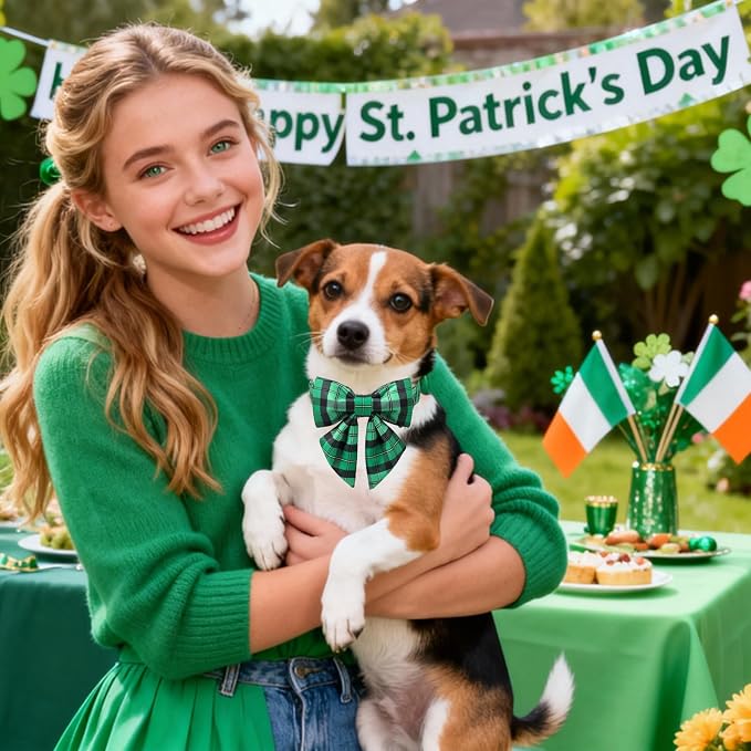 DOGWONG St. Patrick's Day Dog Collar with Sailor Bowtie, Green Plaid Bowtie Dog Collar for Small Medium Large Dogs,S