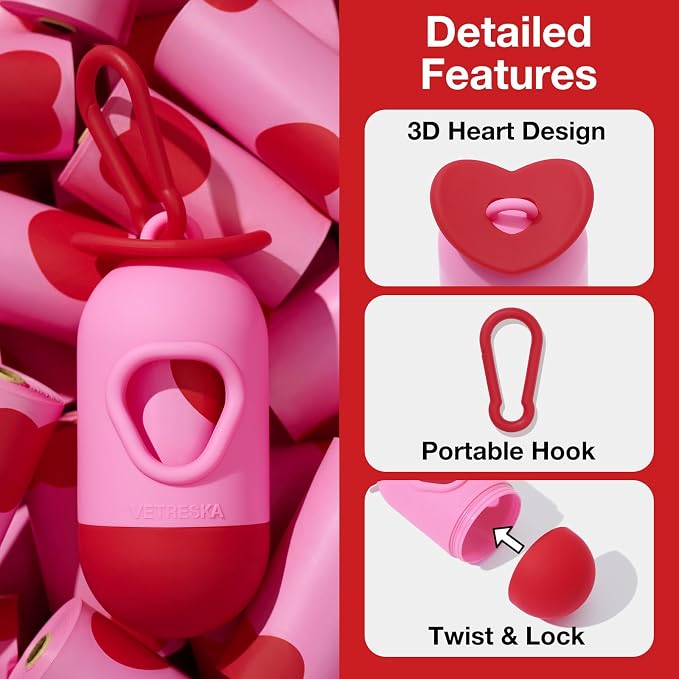 VETRESKA Dog Poop Bag Dispenser with Smoked Cherry Scented Poop Bags, Leak Proof and Extra Thick Pet Waste Bags, 1 Poop Bag Holder and 105 Bags for Dog Walking and Cats Litter