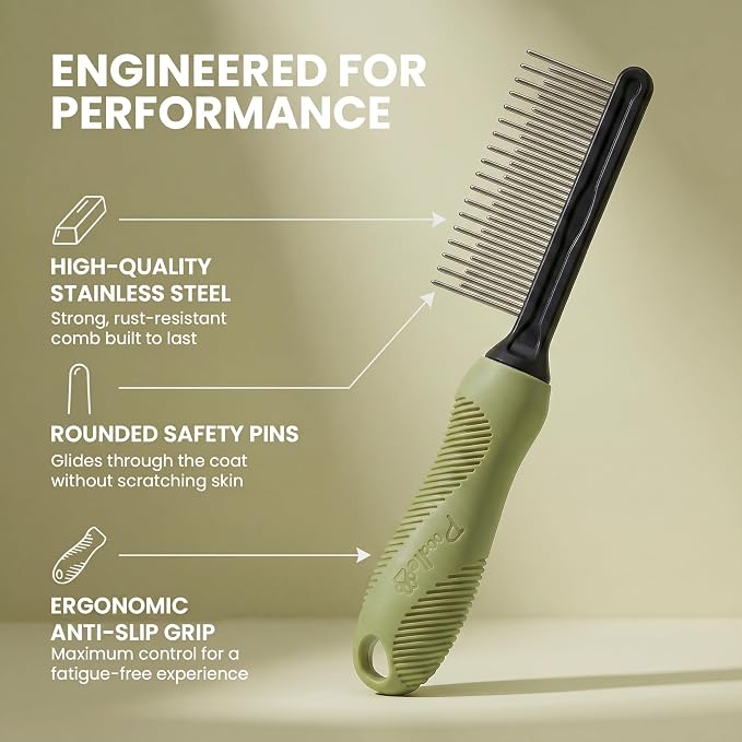 Poodle Grooming Comb - Metal Dematting Comb with Long & Short Stainless Steel Teeth for Removing Matted Hair & Knots, Safe and Gentle for Dogs & Cats (Green)