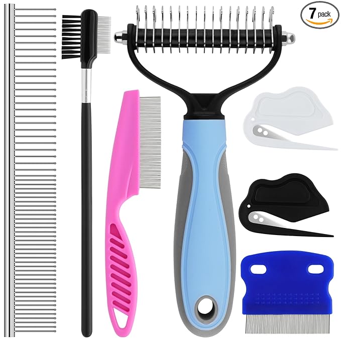 7 Pack Pets Grooming Brush Comb Kit,Double-Side Deshedding Dematting Dog Brush,Undercoat Rake for Dogs & Cats,with Metal Comb,Flea Comb,Open Knot Comb,Fine-Teeth Comb,Tear Stain Remover Comb