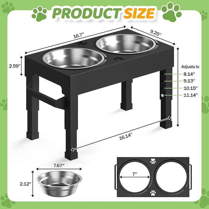 Elevated Dog Bowls, 4 Height Adjustable Raised Bowl Stand with 2 Stainless Steel 7" Food Feeder Bowls for Small Medium and Large Dogs （Plastic）