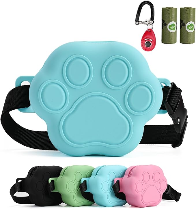 Dog Treat Pouch with Training Clicker and 2 Poop Bags, 1.8 Cup Small Sealable Zipper Silicone Fanny Pack with Waist Belt, Pet Puppy Training & Walking Essentials (Blue)