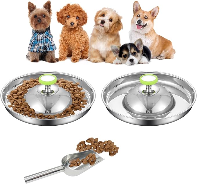 Fhiny 2Pack Stainless Steel Puppy Bowls, Pet Weaning Feeding Dish with Scoop for Litters Pets Silver Dog Food and Water Slow Feeder Bowl with Handle Container for Dogs Cats (M:11.8" Dia, 5¼ Cups)