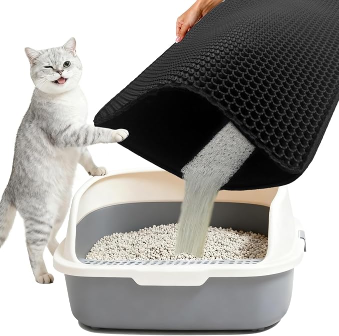 Cat Litter Box Mat,Double-Layer Honeycomb Litter Trap 47"x28" Black | Catches Scattered Particles to Stop Tracking,Waterproof Design Urineproof Base Protects Floors, Easy to Clean, Indoor Cats