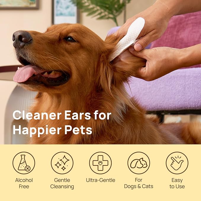 HICC PET Ear Cleaner Finger Wipes for Dogs & Cats, Clean Wax, Dirt & Odor, Soothing Itchy Ears, Gentle and Hypoallergenic Ear Cleaning Wipes for Daily Care((Honey Scent)