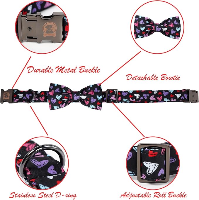 Valentines' Black Dog Collar with Bowtie, Cute Red Heart Pattern Durable Pet Collar with Metal Buckle, Adjustable Puppy Collar for Small Medium Large Dog