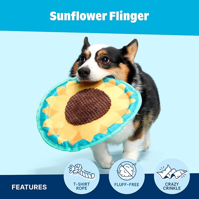 Barkbox Sunflower Flinger Flying Disc Dog Toy | Fluff-Free Crinkle Disc with T-Shirt Rope Edge | Durable Fetch Toy for Dogs & Puppies