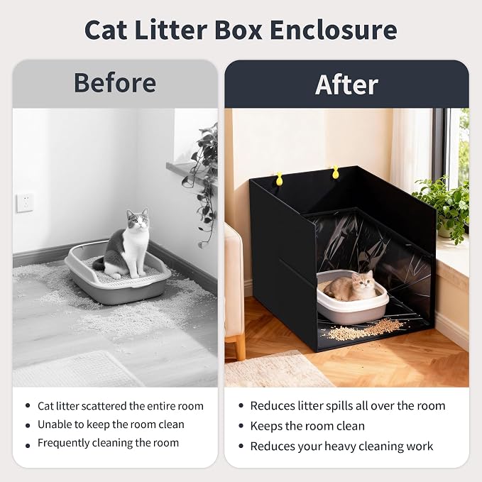 Aokeyee Cat Litter Box Enclosure Splash Guard, Black Waterproof | 27.16x21.65x16.53, Removable PVC Mat with 2 Hooks, Foldable Anti-Leakage Dust Control