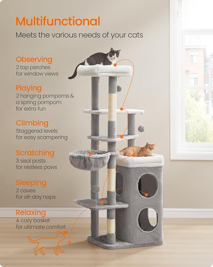 Feandrea Cat Tree Indoor, 60" Multiple-Level Plush Cat Tower, Dove Gray | 2 Caves, 3 Steps, 3 Scratching Posts, 3 Ball Toys, Cat Condo House for Large Adult Cats, UPCT007G01