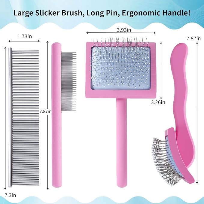 Pink Slicker Brush for Long Haired Dog Wooden Handle Coated Pins | Gently Grooming Slicker Brush, Ergonomic Wooden Handle, Long-Haired Dogs, Long Pins for Grooming Goldendoodles Poodles