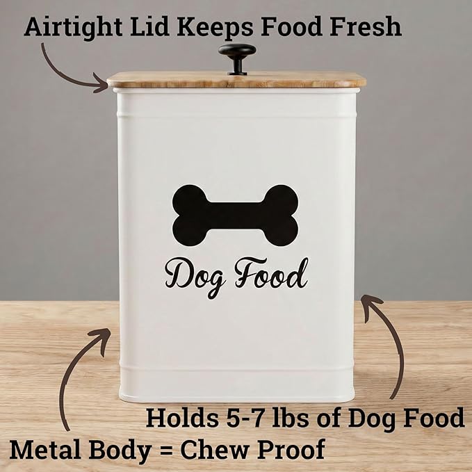 Dog Food Container Airtight Bamboo Lid 5-7 lb, 25 Cups, Sturdy Metal Handle | Pet Jar For Dogs up to 50lbs, Airtight Bamboo Lid, Sturdy Comfortable Metal Handle, Powder Coated Iron, Kibble Storage Bin