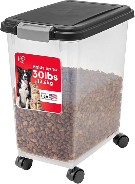 IRIS USA Airtight Pet Food Storage Container with Wheels, Black, 30 lb Capacity - BPA-Free Clear Plastic Bin with Snap-Lid Seal to Keep Kibble, Pellets or Seeds Fresh for Dogs, Cats and Birds