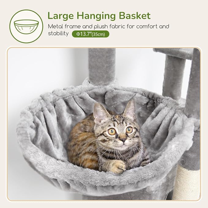 Globlazer F74B Cat Tree for Indoor Cats Large Adult, Multi-Cat, Light Grey | Easy Setup, 74in Tall Tower, Oversized Top Perch, 2 Large Condos, Hanging Basket, 5 Sisal Scratching Posts, Anti-Topple Strap