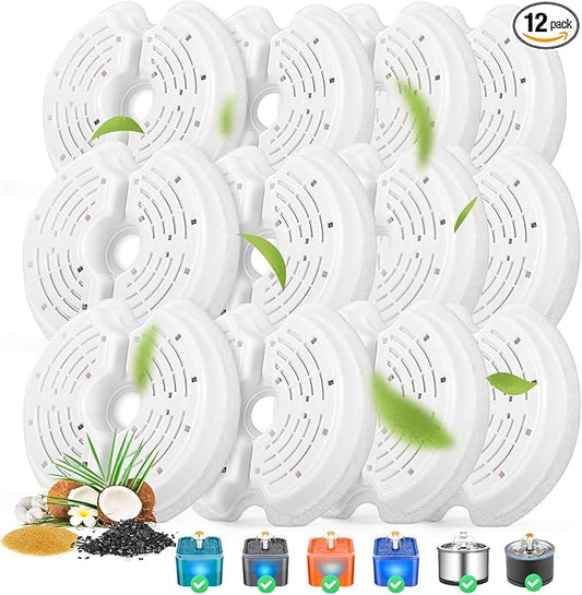 Cat Water Fountain Filters for 84oz/2.5L Stainless Steel Pet Fountain and 67oz/2.0L Plastic Cat Drinking Fountain, 12 Pack Pet Replacement Filters Set