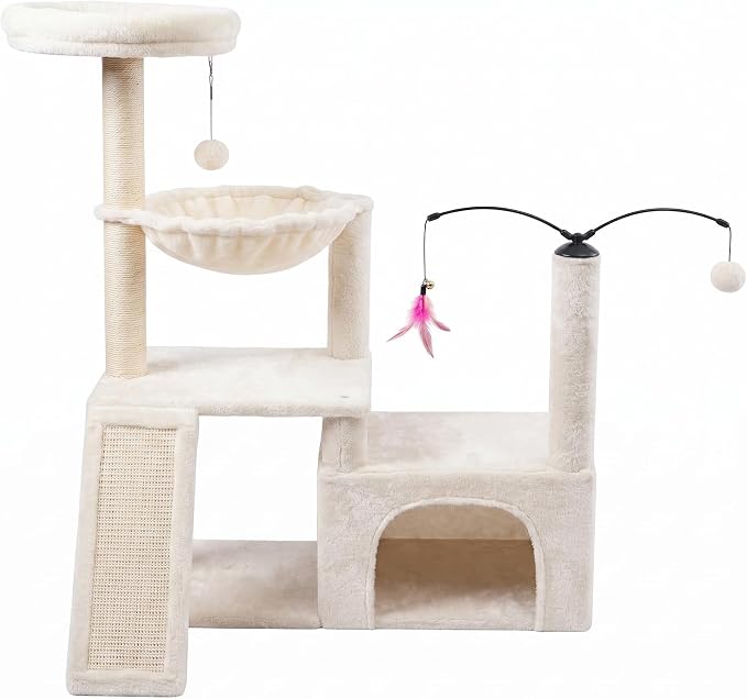 YUNIQUE Multi-Functional Cat Tree Tower, Big Cat Condo with Scratching Board, Rotating Toy & Deep Hammock, Luxury Perch Kitty Furniture for Indoor Cats (White)