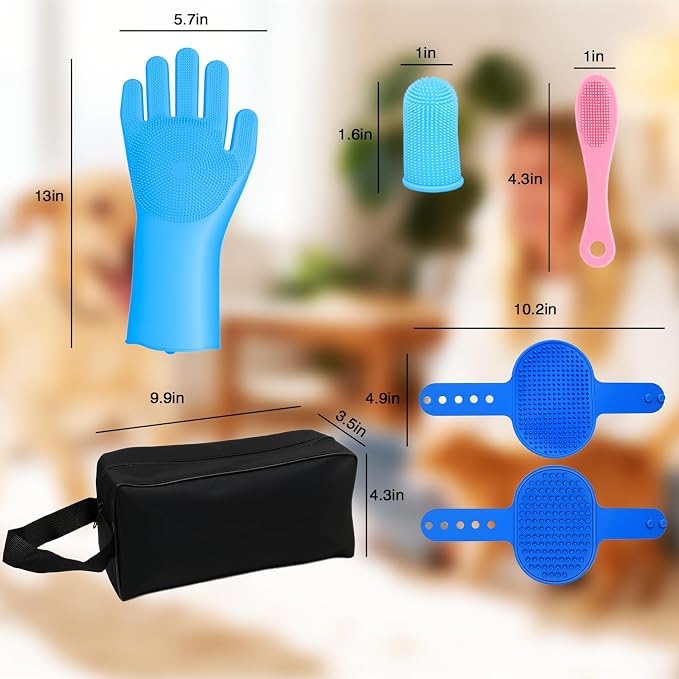 7 PCS Pet Grooming Kit for Dogs and Cats | Dog Washing Gloves | Dog Bath Brush | Cleanroom Gloves | Dog Shampoo Brush | Finger Toothbrushes | Storage Bag | All-in-One Pet Care (Ocean Blue)