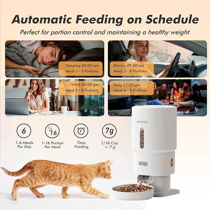 Automatic Cat Feeder - 5L Anti-Clog Cat Food Dispenser Keeps 2-15mm Dry Food Fresh, 10s Voice, 1-6 Meals/Day, Programmable Portions, 180-Day Battery Life, Easy to Clean Auto Pet Feeder for Small Dog