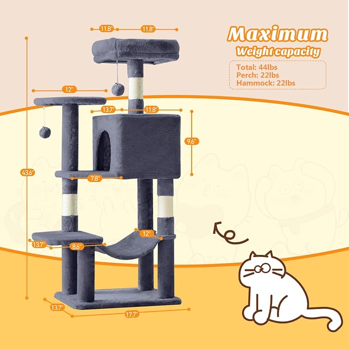 DUMOS 44 Inch Cat Tree Tower with Natural Sisal Scratching Posts | Small Cat Tree with Hammock, Pet Condo for Indoor Cats and Kittens Play, Grey