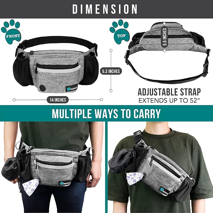PetAmi Dog Fanny Pack, Treat Pouch for Dog Walking Training, Light Gray | Built in Poop Bag Dispenser, Water Bottle Holder, Collapsible Bowl, Pet Treat Waist Belt for Hiking Running Kibbles