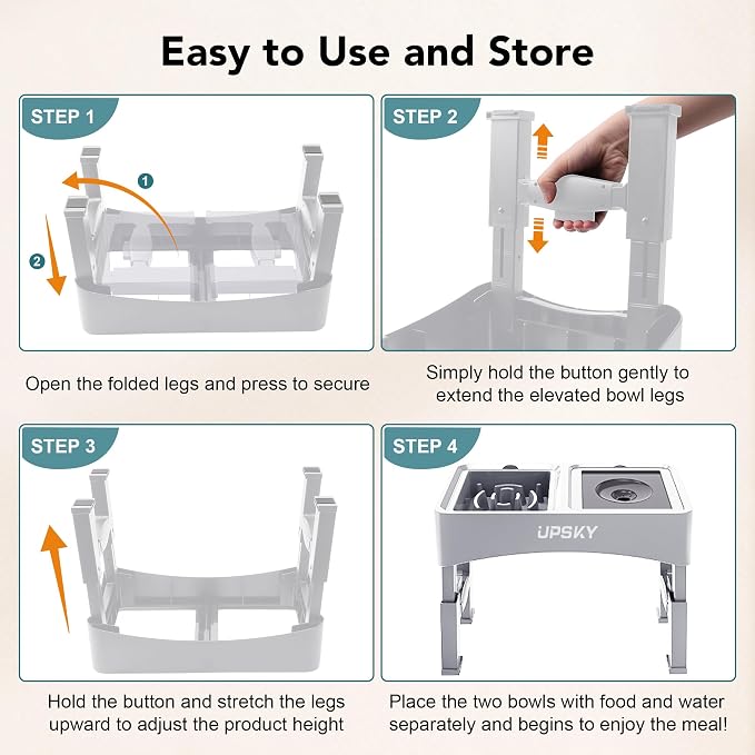 UPSKY 3-in-1 Elevated Dog Bowls Set with 4 Height Adjustable Stand, White | 304 Stainless Steel Bowl, No Spill Water Bowl, Slow Food Bowl, Anti-Slip, Dishwasher Safe, Suitable for Small Medium Dogs