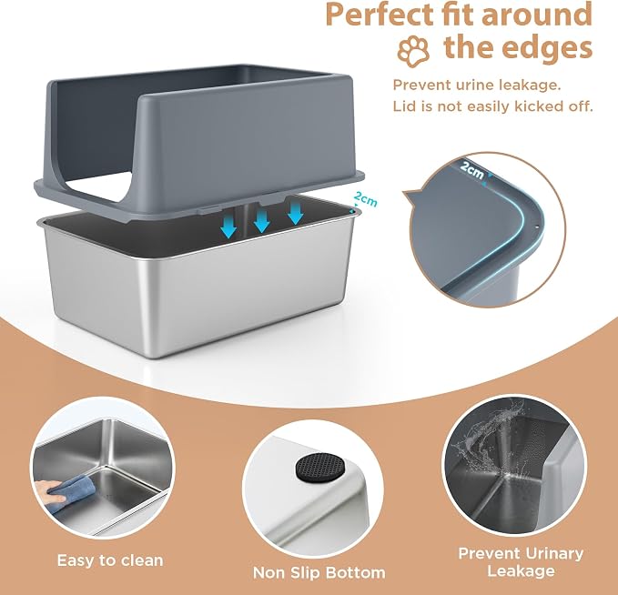 Stainless Steel Cat Litter Box with Lid, Covered Litter Box for Large Cats, 16" High Sides Enclosed Cat Litter Boxes, Extra Large Litter Box with Grey Lid, XL Metal Litter Pan, Easy to Clean