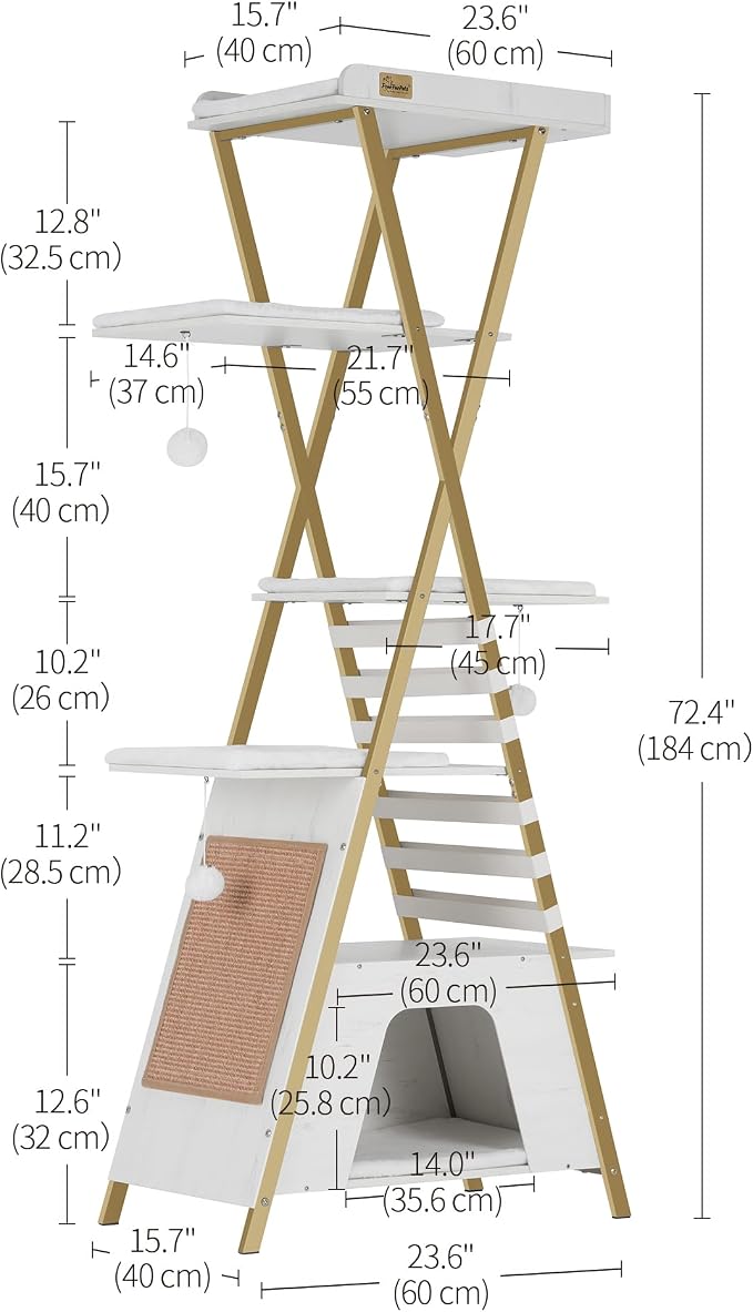 72.4" Cat Tree, Modern Cat Tower for Indoor Cats, Multi-Level Cat Condo with Caves, Tall Cat Tree with Cat Scratching Board, Wooden Cat Tower with Large Perch, Removable Pads, White