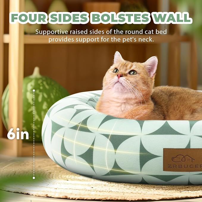 Zerbuger Cat Bed, 20In Dog Beds for Small Dogs, Calming Cat & Dog Beds for Indoor Pets, Pet Beds Comfortable Donut Round Ultra Soft (Green Pattern, 20.0" L x 20.0" W x 6.5" Th)
