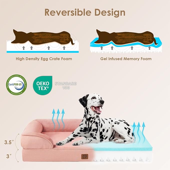 EHEYCIGA Orthopedic Dog Beds for Large Dogs, Waterproof Memory Foam Large Dog Bed with Sides, Non-Slip Bottom and Egg-Crate Foam Pet Couch Bed with Washable Removable Cover, Dusty Pink，35x22