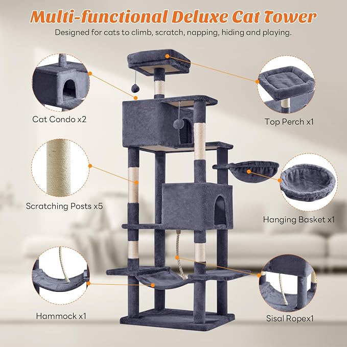 Large 66 Inch Cat Tree Tower with Sisal Scratching Post | Multi-Level Cat Climbing Tower with Hammock, Pet Condo for Indoor Cats and Kittens, Grey