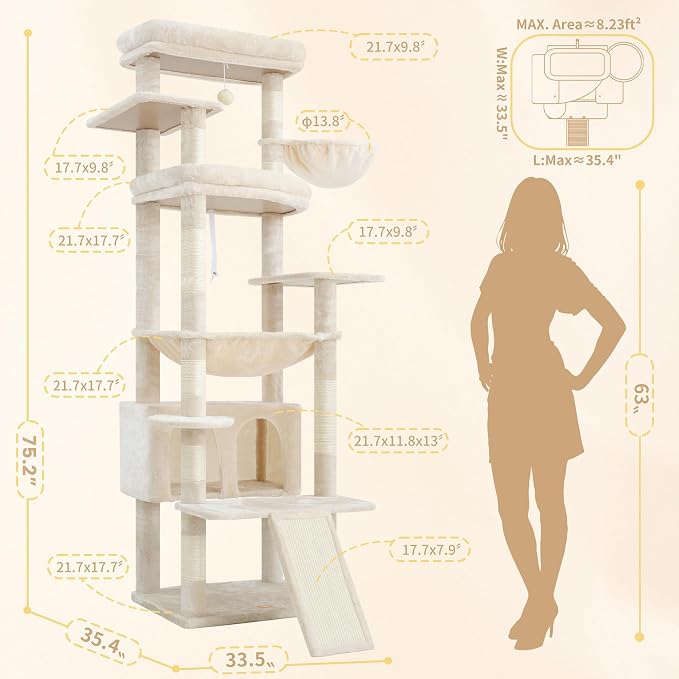 Heybly Tall Cat Tree for Large Cat, 80-inch Multi-Level Cat Tower HCT038M | Condo Furniture for Indoor Cats with Large Baseboard, 2 Widened Plush Perches, Scratching Board, Big Caves, Beige