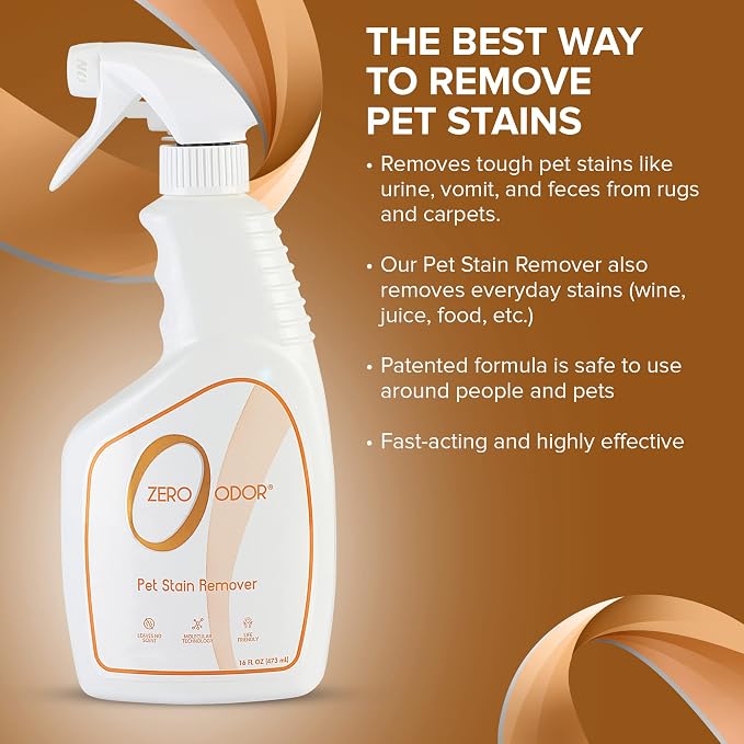 Zero Odor Pet Stain Remover & Odor Eliminator Spray for Carpet, 16 oz | For Dog and Cat Urine, Vomit and Feces on Carpet, Upholstery, Mattress, Pet Beds and Hard Floors, 400+ Sprays