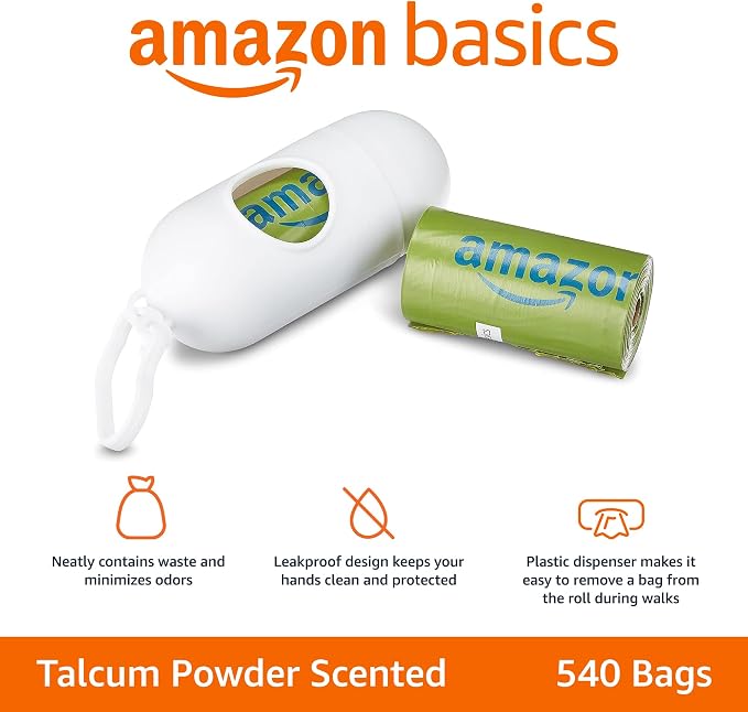 Amazon Basics Premium Leak Proof Dog Poop Bags with Dispenser and Leash Clip, Talcum Powder Scented, 13" x 9", 540 Count (36 Rolls of 15)