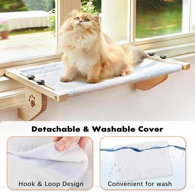 AMOSIJOY Cat Windowsill Perch with Wood & Metal Frame for Large Cat, 24.4in | Solid Wood Frame, Easy to Adjust, Washable Berber Fleece Cover, No Suction Cups Cat Window Seat for Windowsill, Bedside