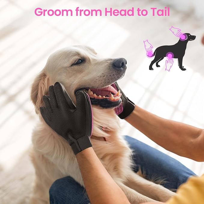 Pet Hair Removal Glove with 255 Silicone Tips for Dogs & Cats, 1 Pair Pink | 2-in-1 Deshedding & Massage Mitt, 5-Finger Flexible Design, for Bathing & Grooming, Safe for Long/Short/Curly Hair Pets