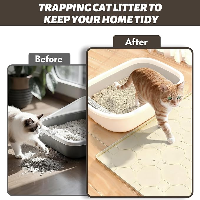 Silicone Cat Litter Mat, 34“ x 22” Waterproof Cat Litter Mats for Floors, Raised Edges Prevent Leaks and Make Cleaning Easy (Beige)