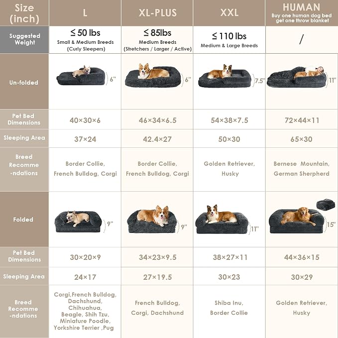 EHEYCIGA Foldable Human Dog Bed, 72"x44"x11" Orthopedic Memory Foam Human Sized Dog Bed, Waterproof Pet Bed for People, Faux Fur Pet Couch for Adult with Non-Slip Bottom, Dark Grey