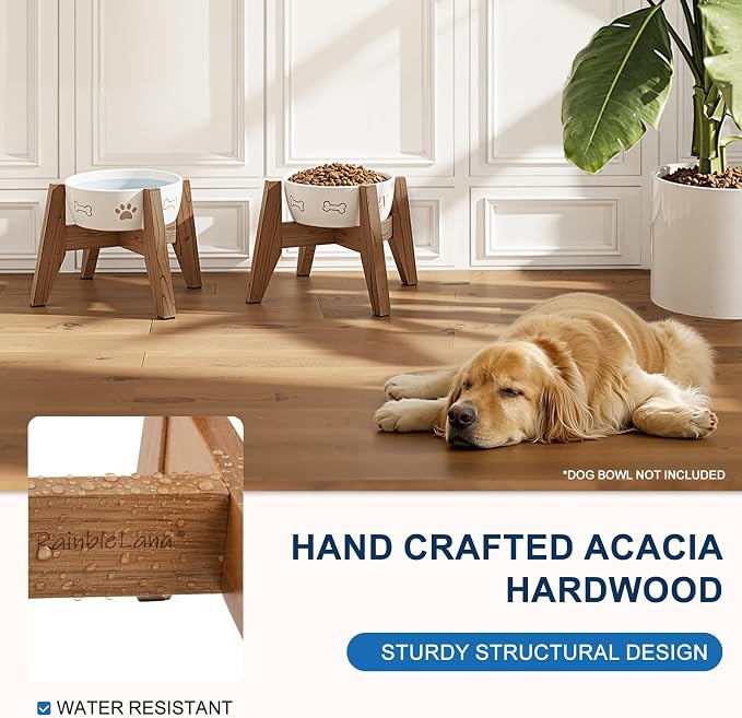 RAINBLELAND Elevated Dog Bowl Stand for Small Dogs, 7" Wood Stand, 2 Pack | Premium acacia wood stand fits most 7" bowls. Set of 2 stands for small dogs. Bowls not included